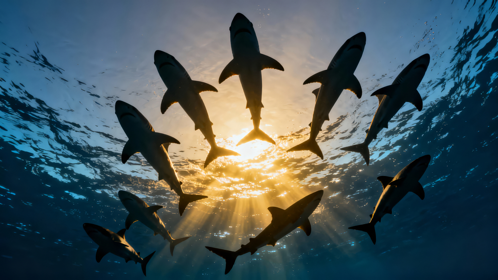 企业文化鲨鱼团队逆光合作励志背景