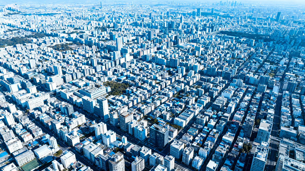 航拍恢弘城市全景商务科技背景图