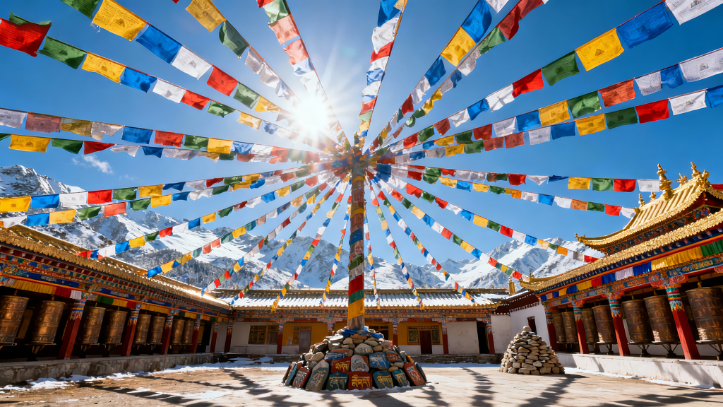 雪山下藏传佛教寺庙祈福神圣风光图