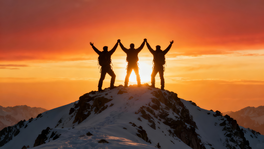 登山团队雪山之巅成功励志背景图