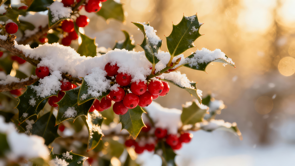 圣诞节冬青果雪景温暖治愈背景图