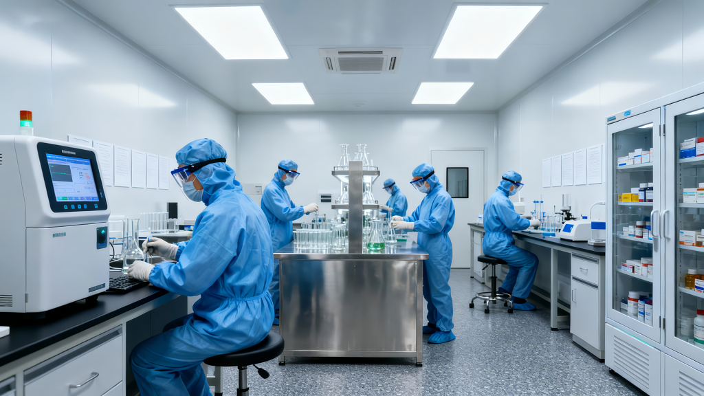 医疗科研团队实验室专注研发工作场景