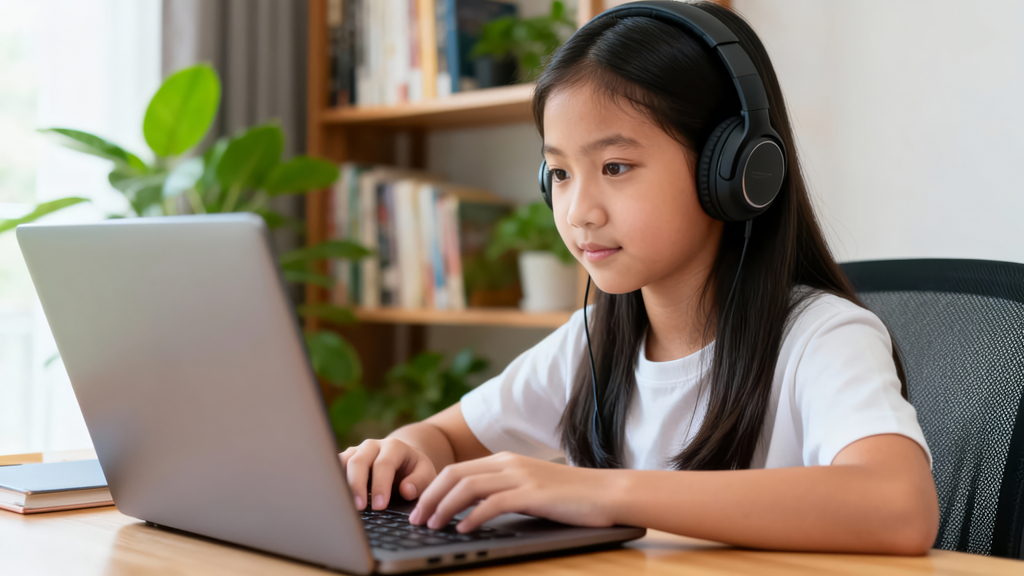 女孩戴耳机用电脑专注上网课场景