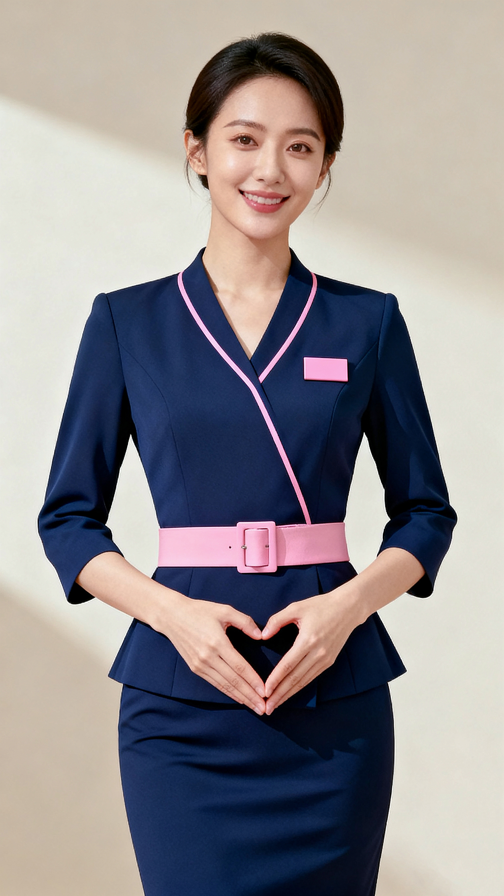 职业女性穿深蓝粉边套装比心亲和服务形象服务行业职业装礼仪人员