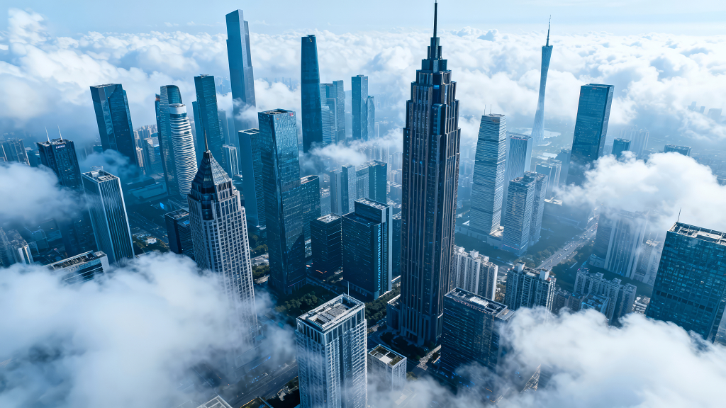 年会背景云端城市建筑群壮丽航拍图