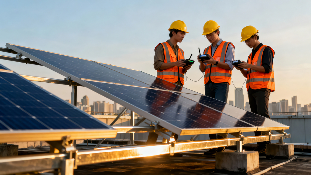 环保工程师团队检测太阳能清洁能源图