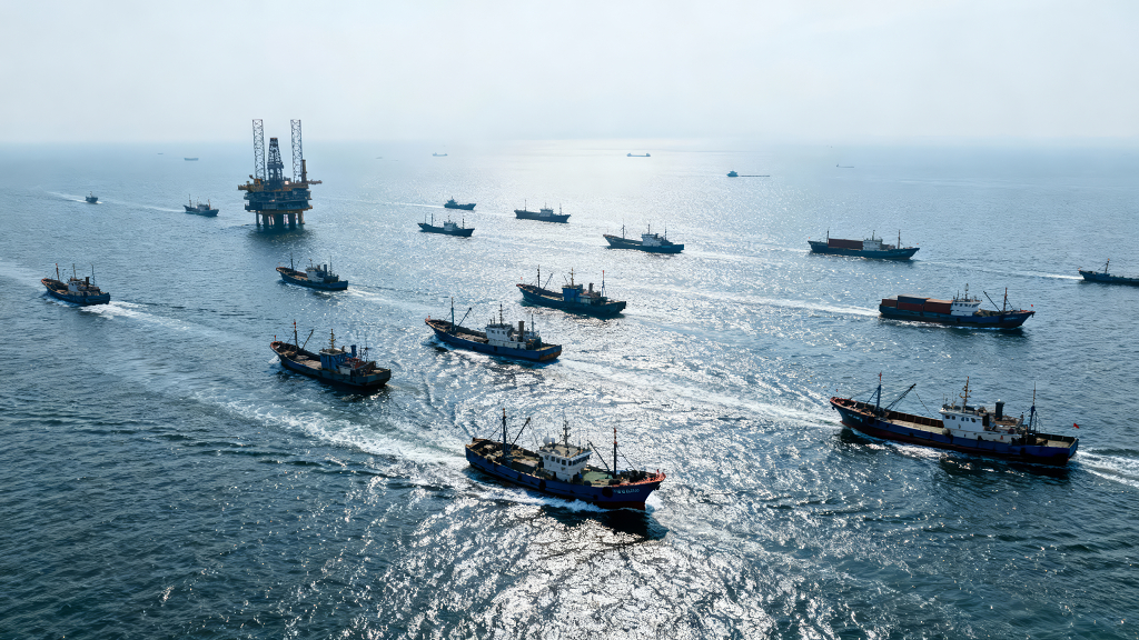 开渔节船队与石油平台航行航拍图