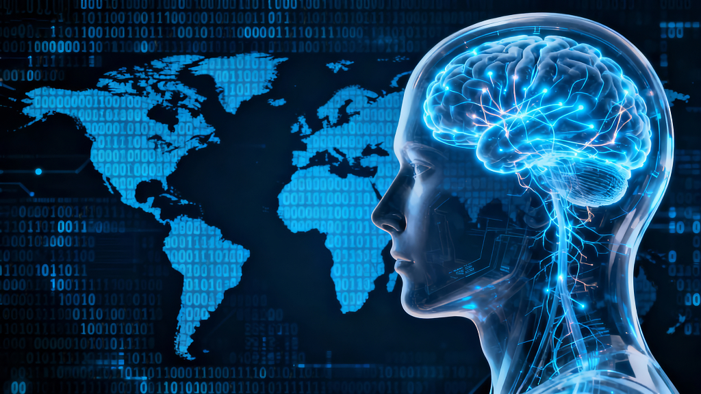 人工智能大脑与全球化数字科技背景图