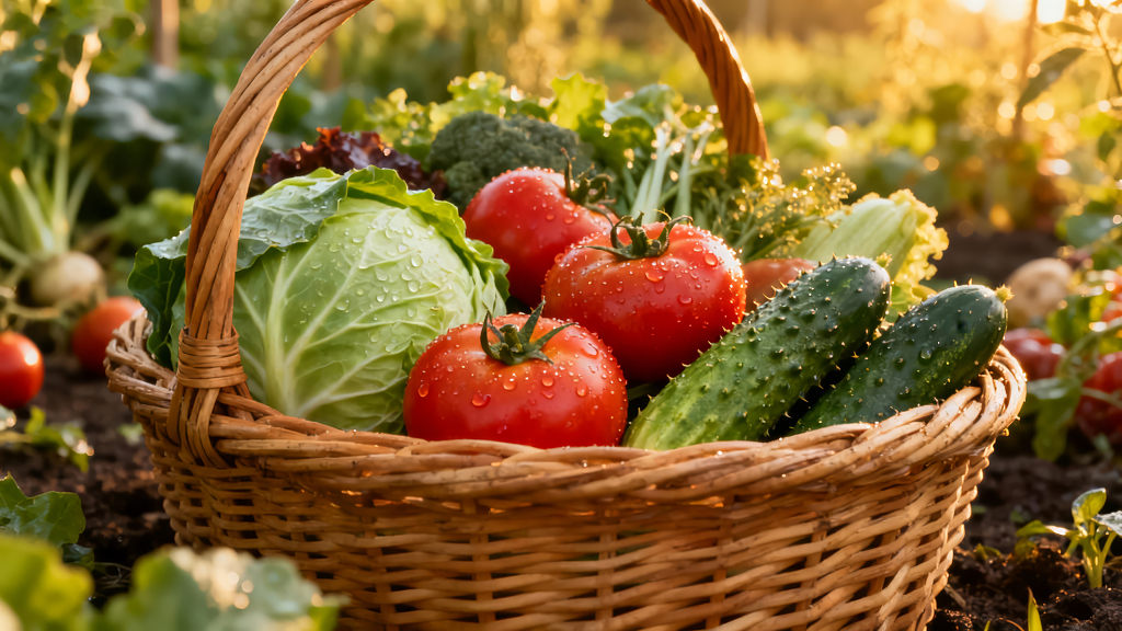 菜园采摘新鲜蔬菜的健康生活方式图