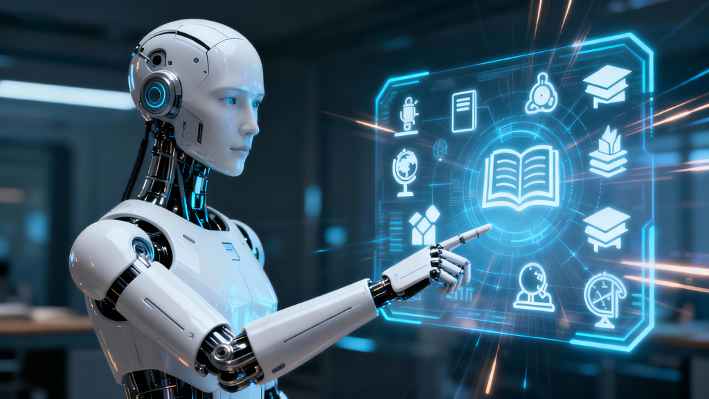 未来AI机器人触摸屏学习教育概念图