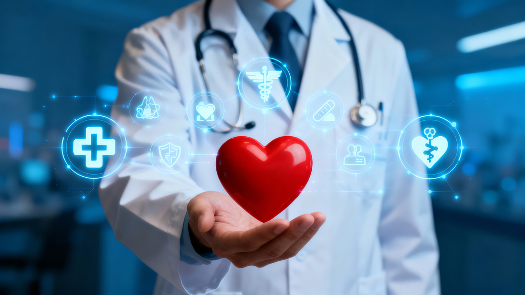 科技医疗医生手捧爱心守护健康概念图