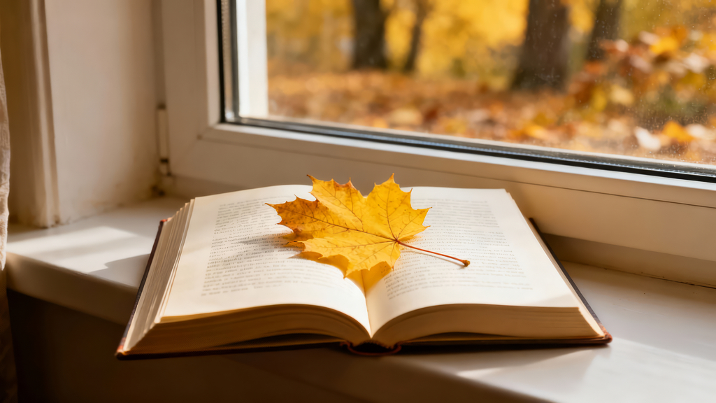 秋日窗边书本枫叶安静治愈背景图
