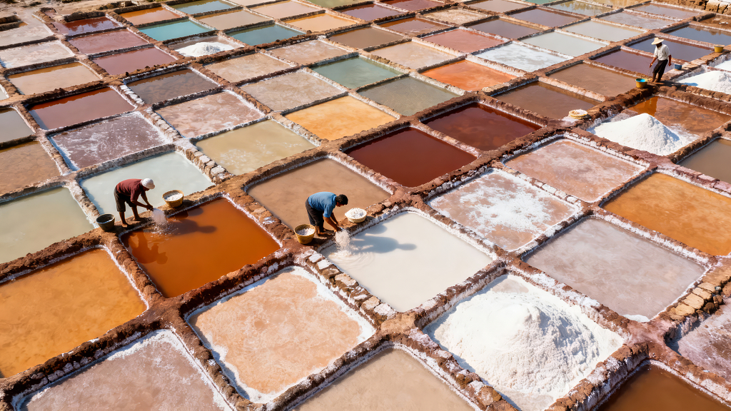 航拍多彩盐田工人劳作人文纪实图