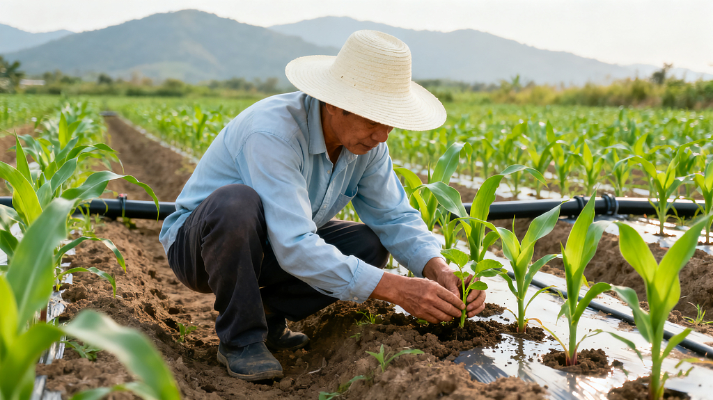 农夫在远山环绕的农田里悉心照料玉米苗农业种植场景田间管理