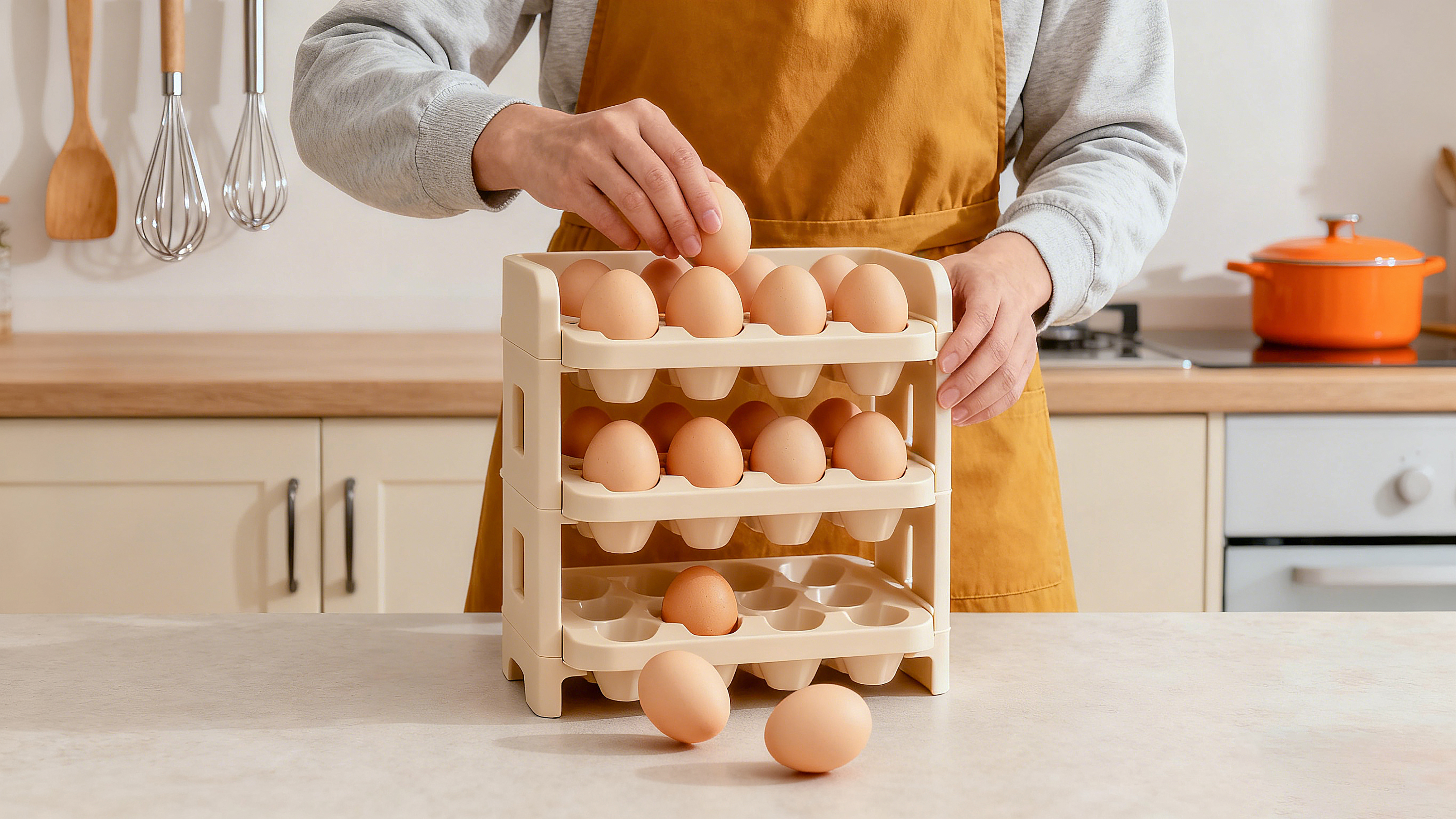 身着长袖上衣棕黄色围裙人物室内厨房环境中操作多层蛋托日常烹饪