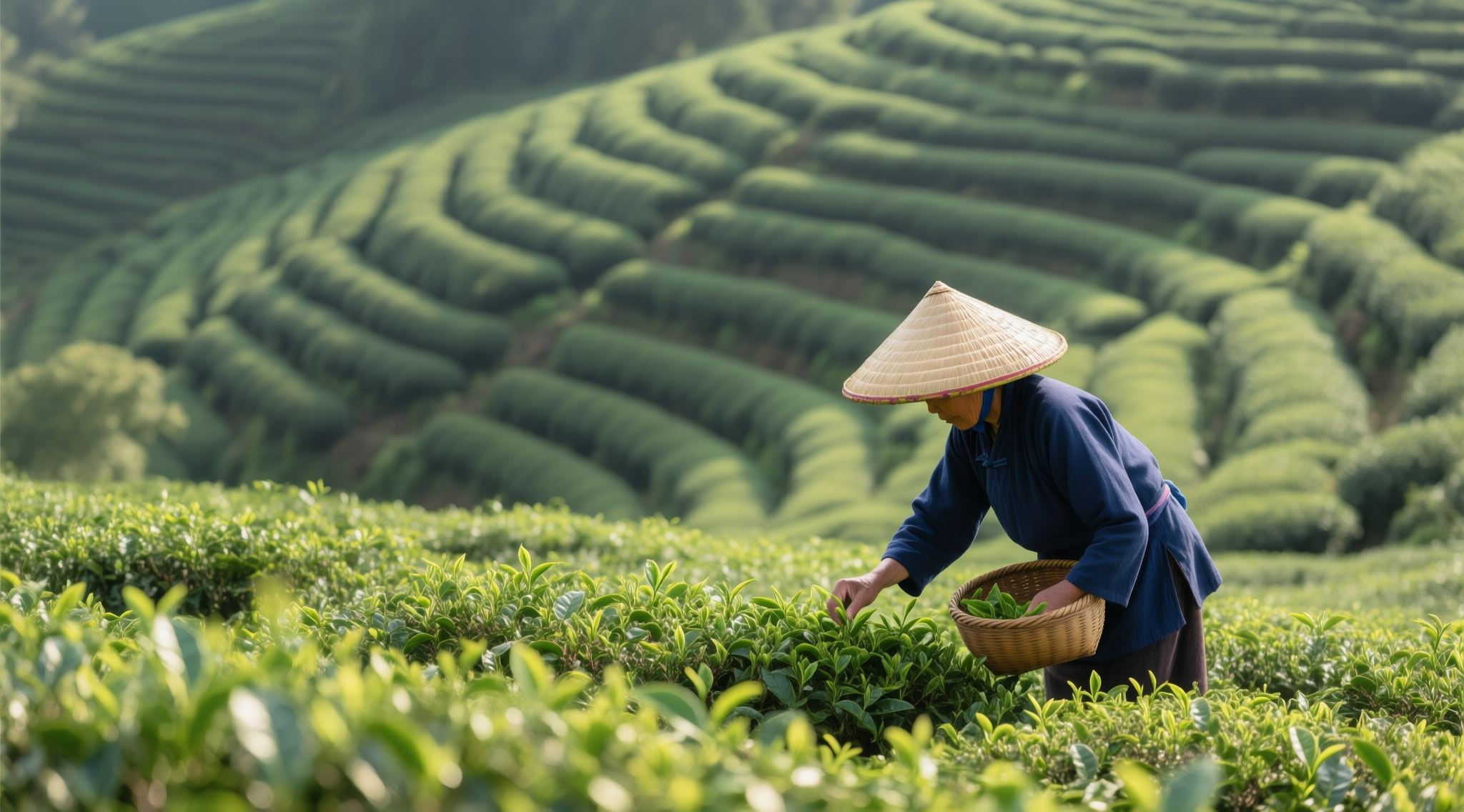 春天茶农在茶园中采茶