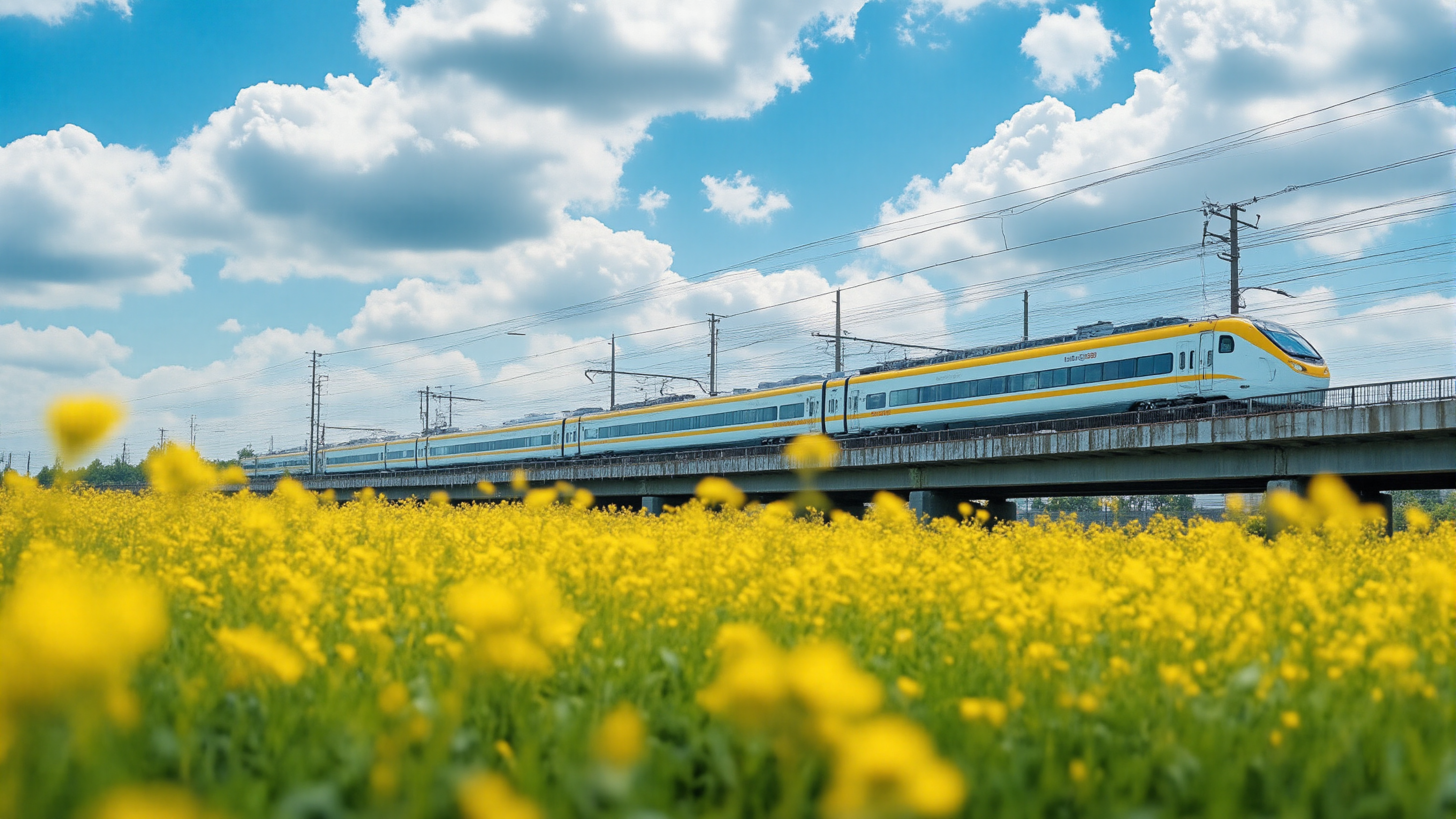 飞驰的高铁列车穿过春天的油菜花田