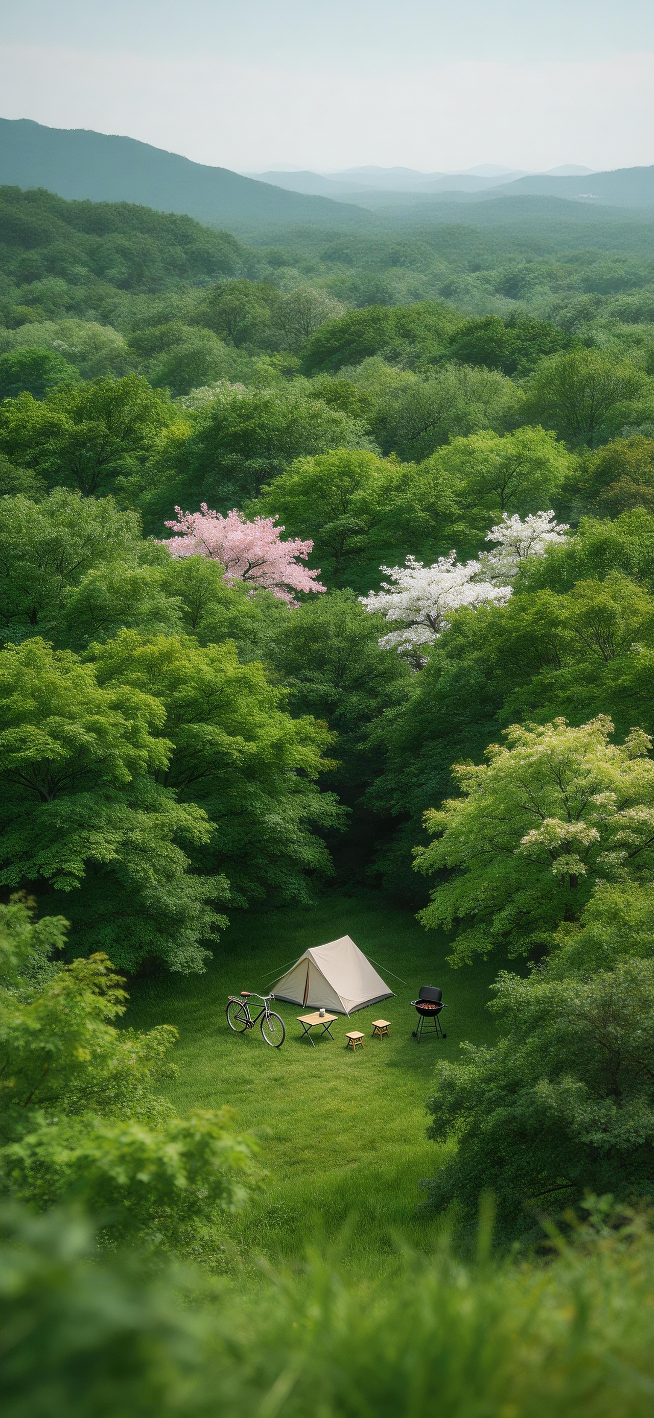广袤森林里的户外露营帐篷手机壁纸