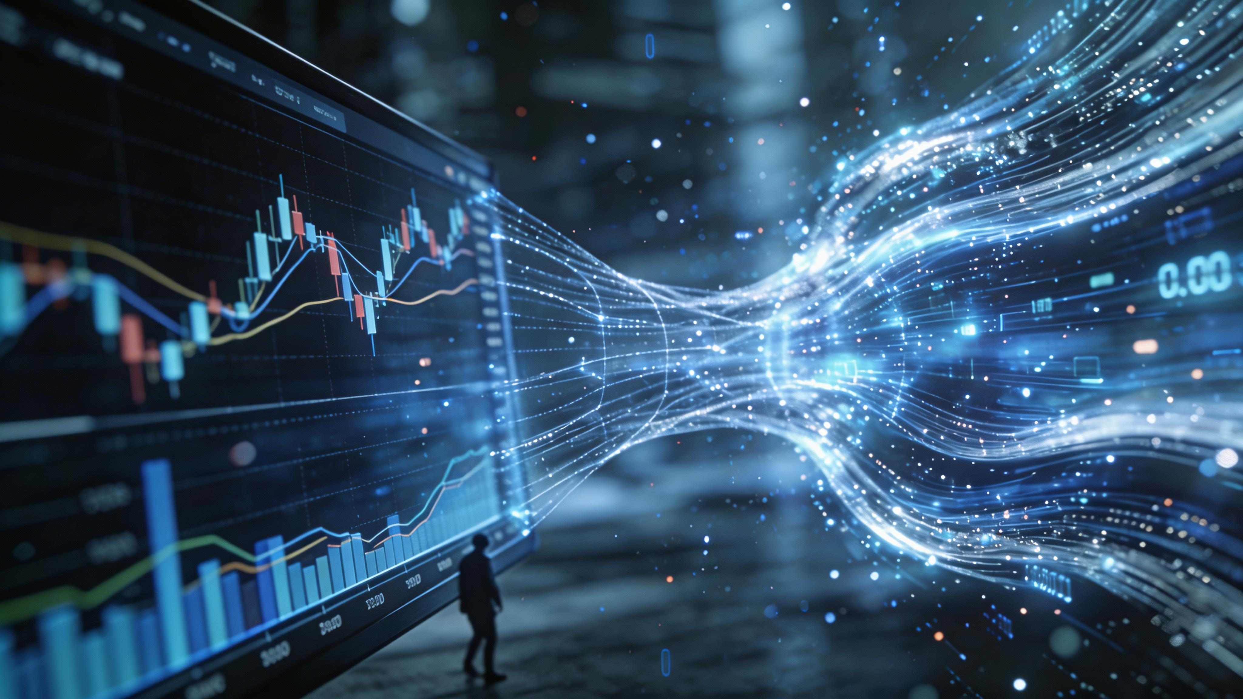 渺小的人站在K线图前金融危机金融海啸科技金融