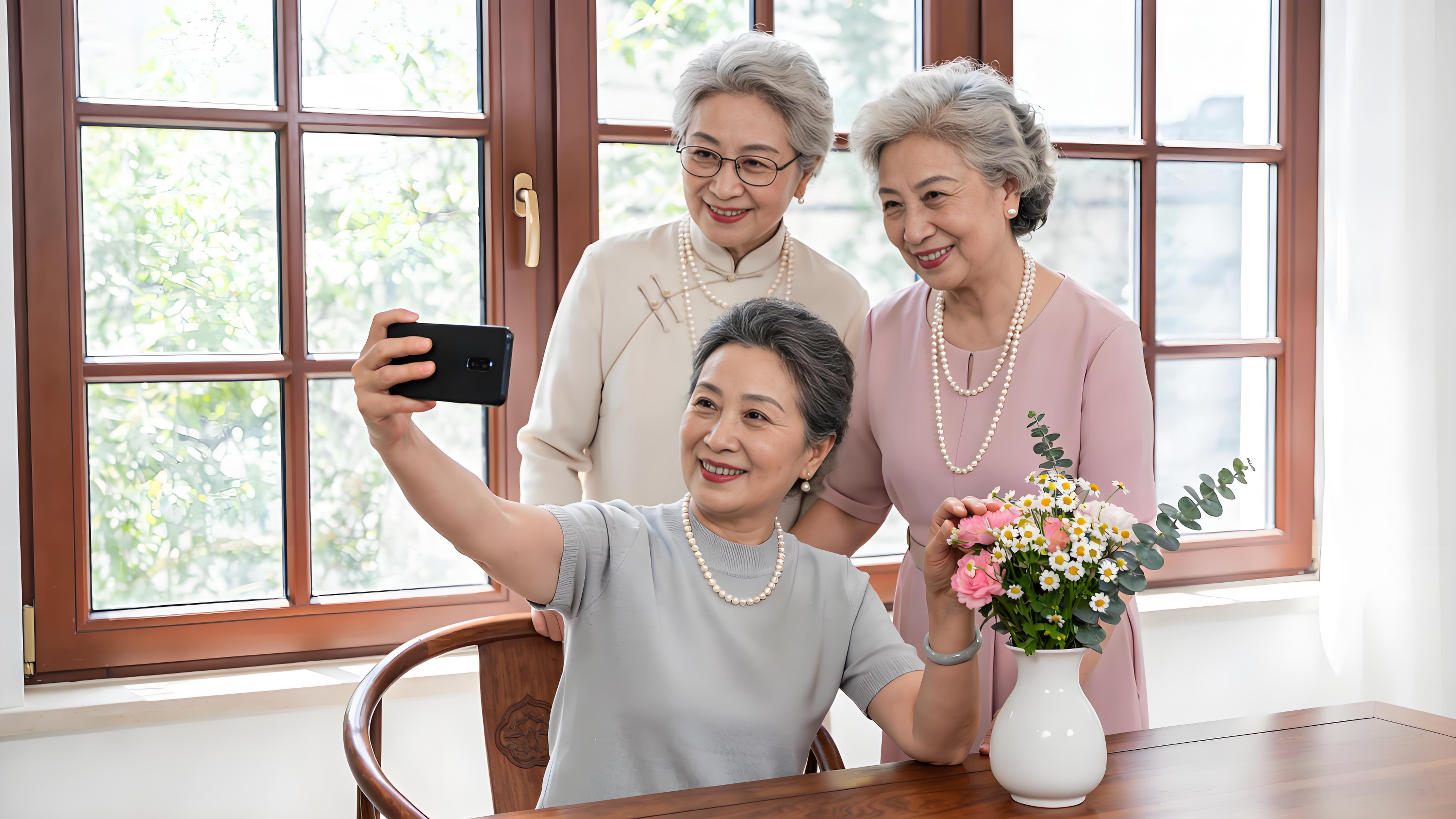 三位老年女性居家自拍场景一人举手机记录两人微笑看向镜头