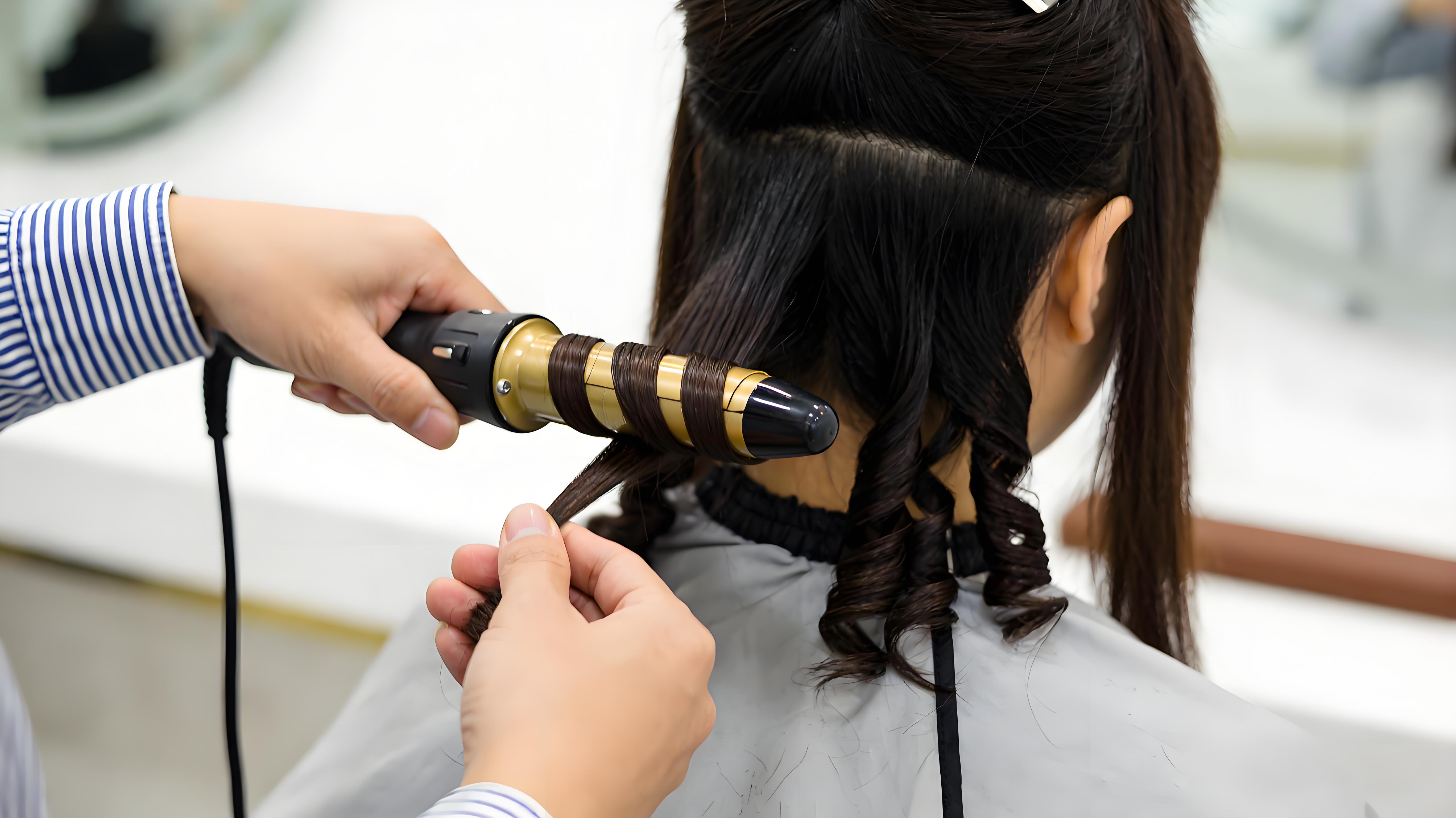 美发师正在用卷发棒为顾客打造卷发专业的美发操作特写场景