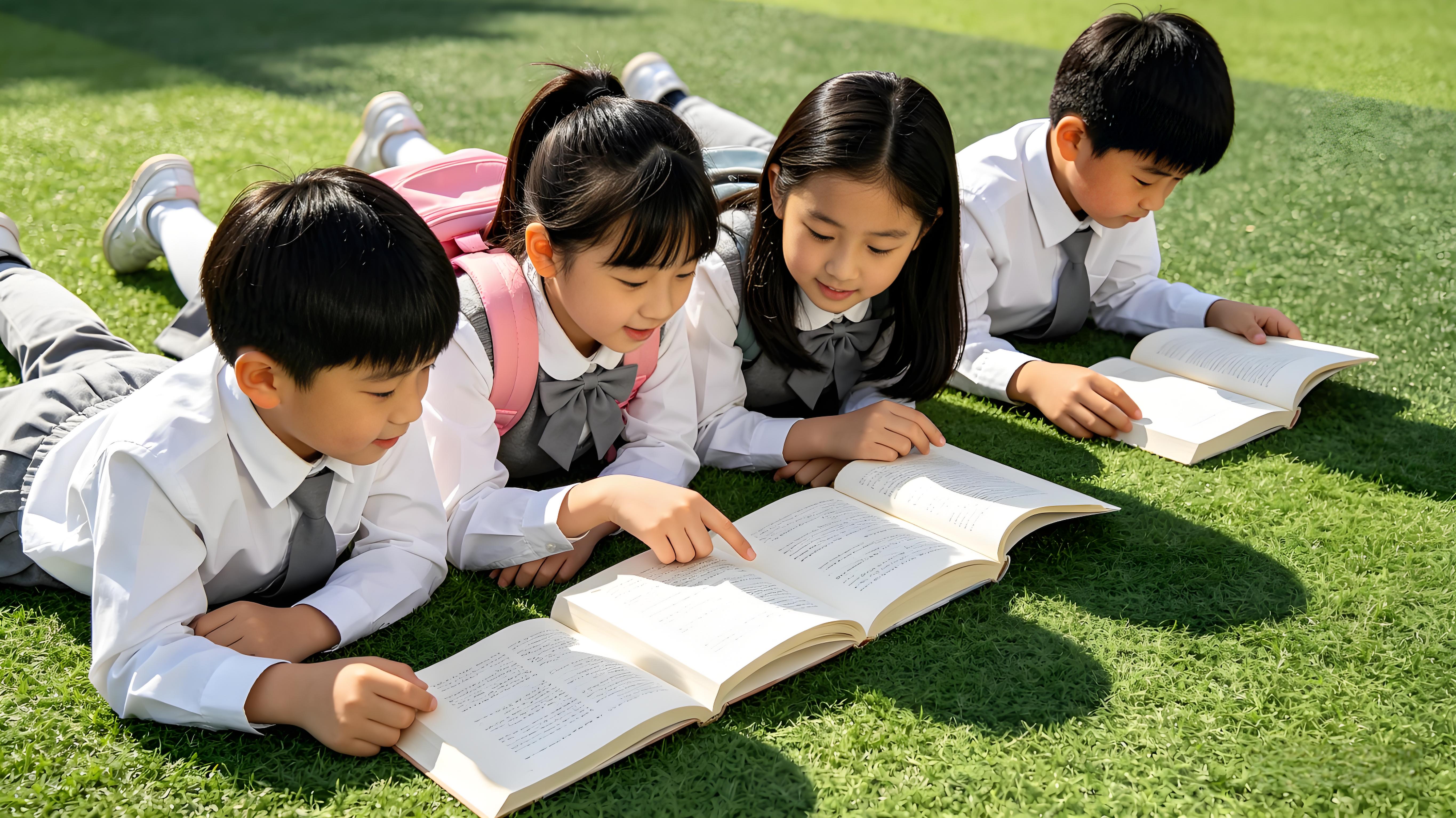 小学生在校园草坪上共读课外书