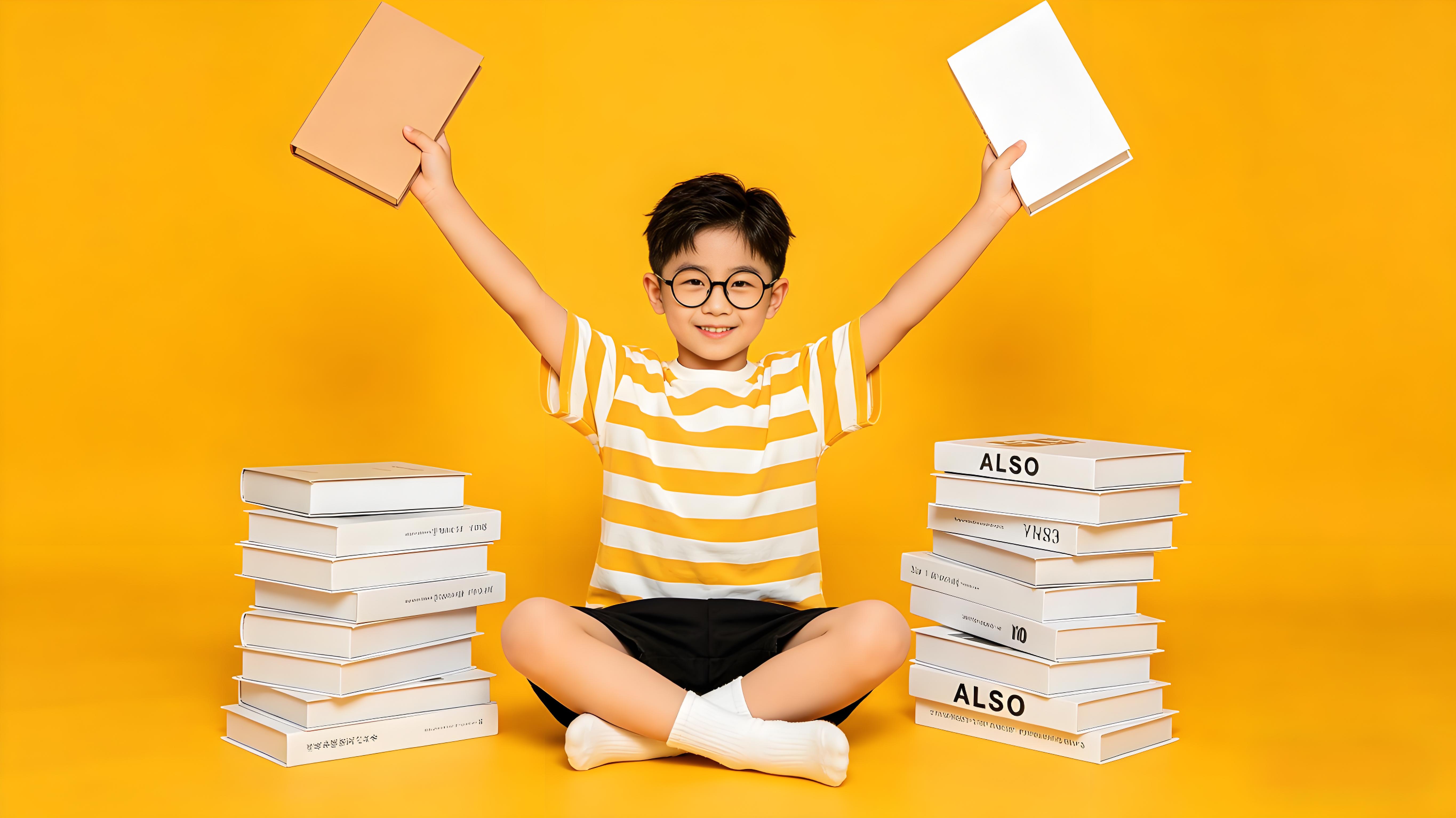 戴眼镜小男孩盘腿坐高举书本开心展示