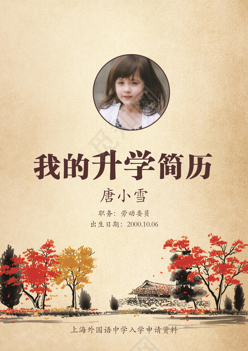 中国风水墨小升初Word简历模版