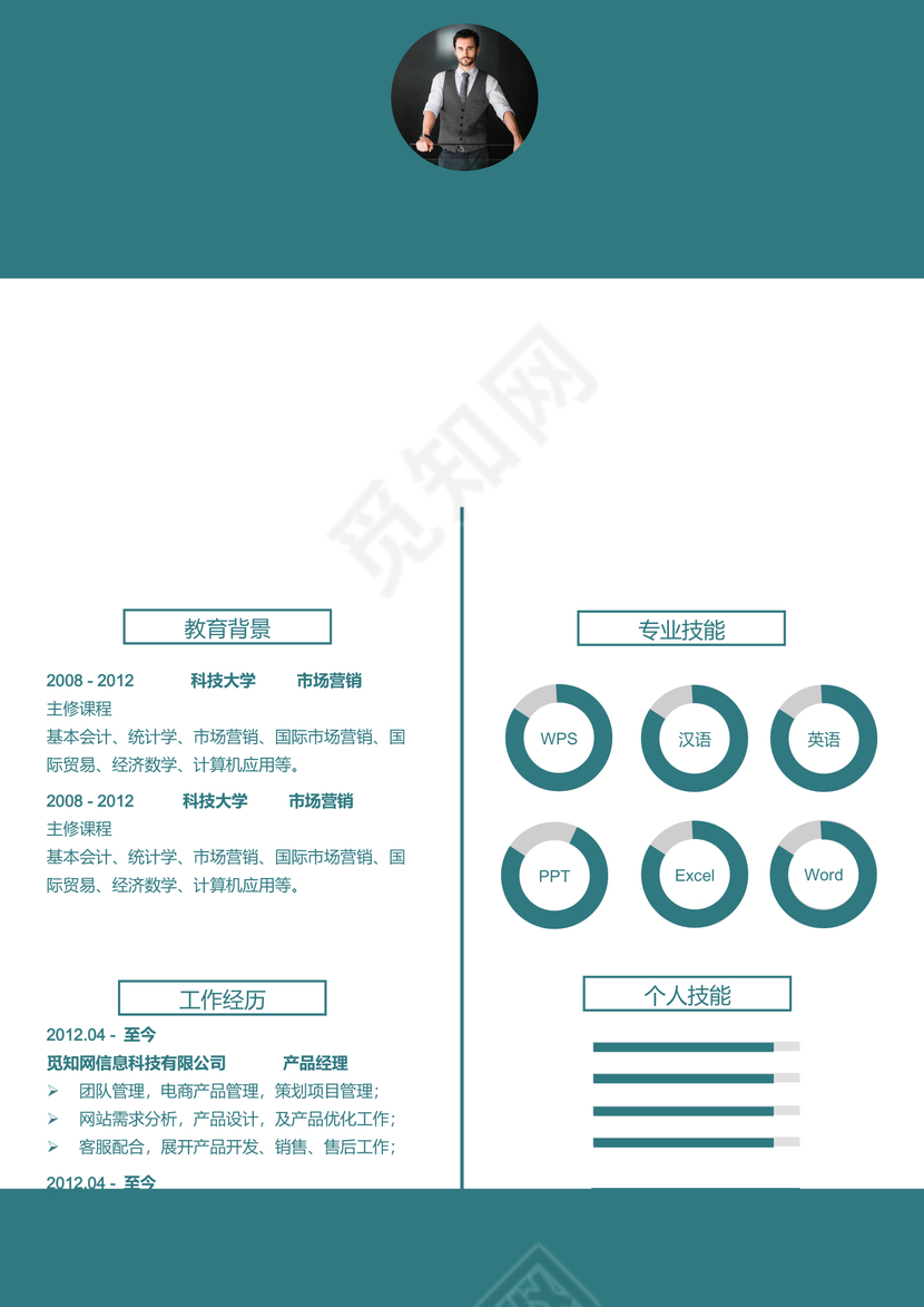 创意深绿色市场销售个人简历模板