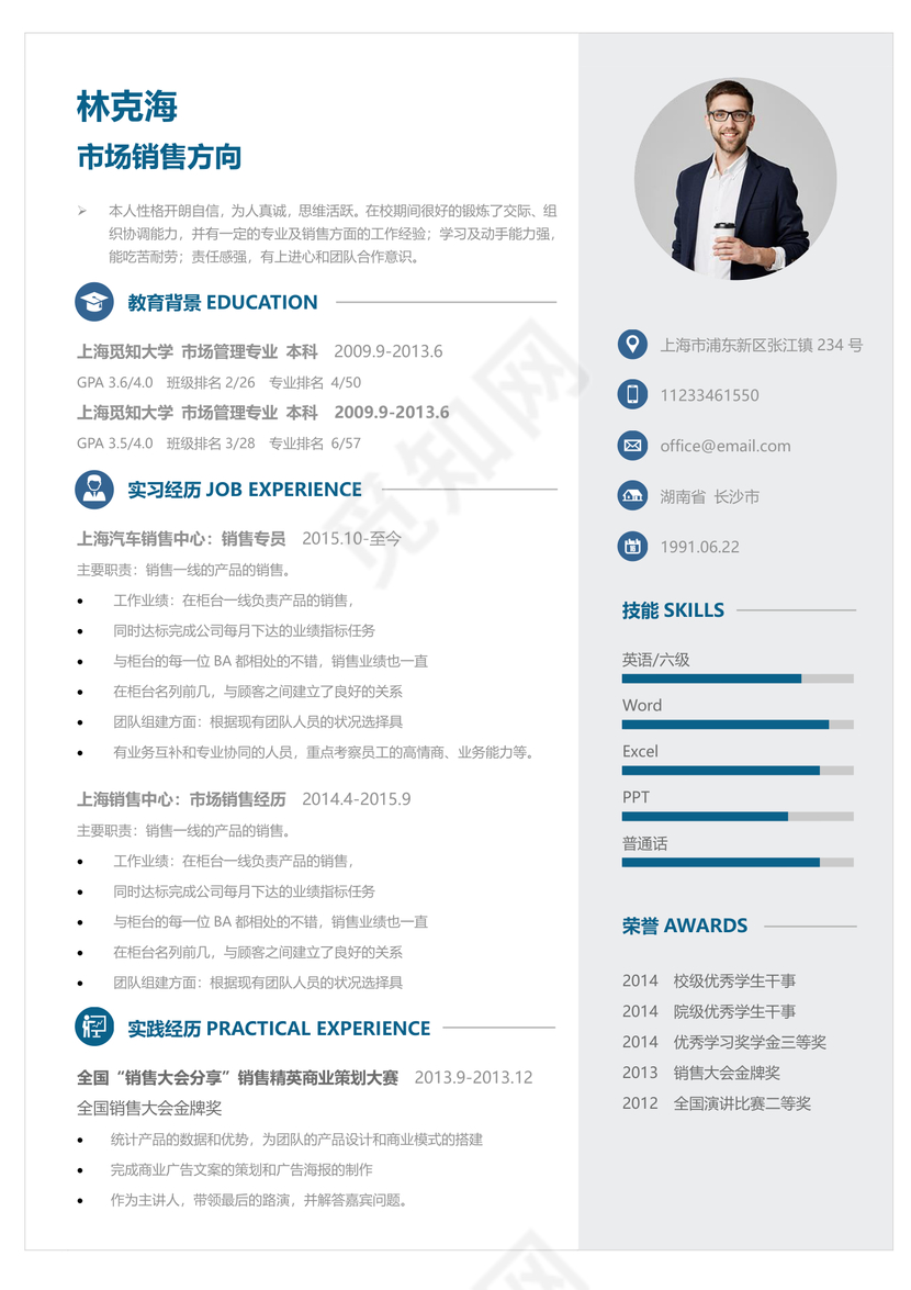 商务简约风市场销售个人简历模板