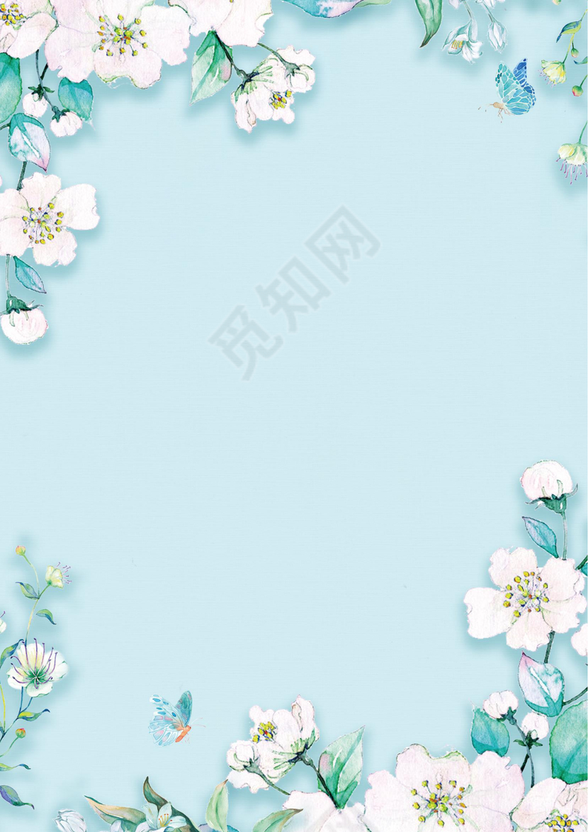 蓝色花朵叶子Word信纸模板