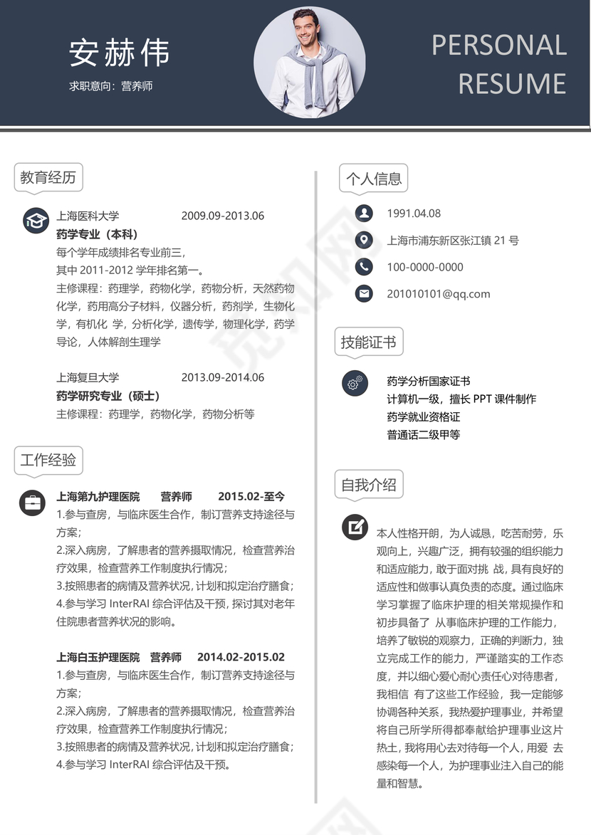 黑色创意简约营养师个人简历模板