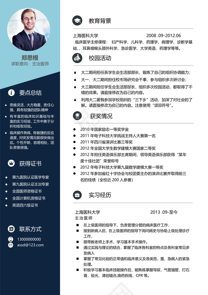 时尚创意简约主治医生护理个人简历模板