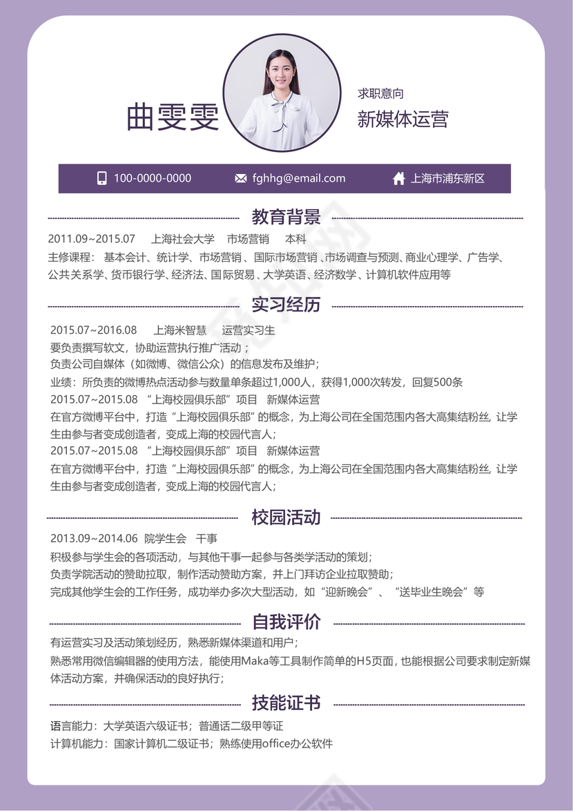 简约新媒体运营个人简历模板