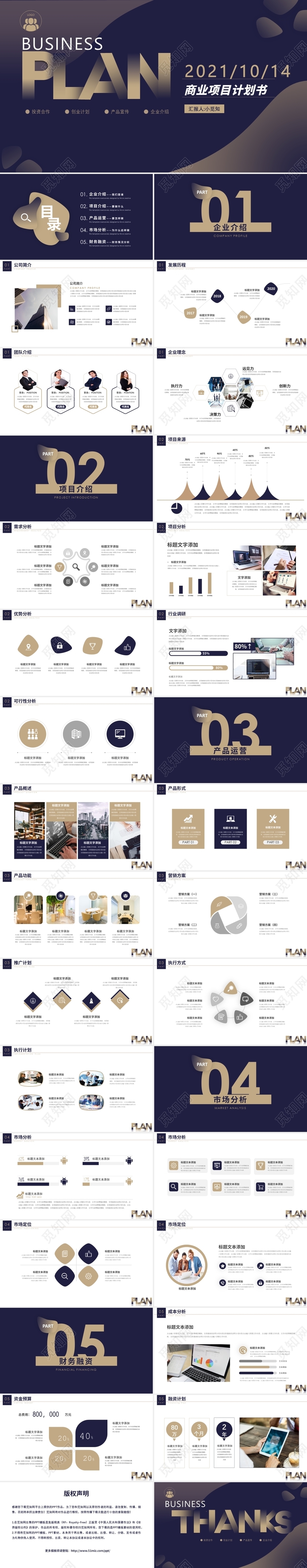 蓝棕渐变简约商务商业计划书融资计划书PPT模板