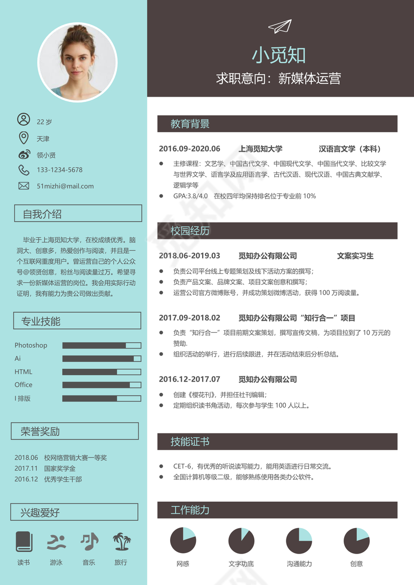 应届生实习生大学生简历新媒体运营个人求职简历word简历模板