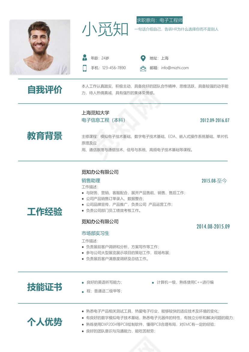 绿色青春风格电子工程师求职简历word简历模板
