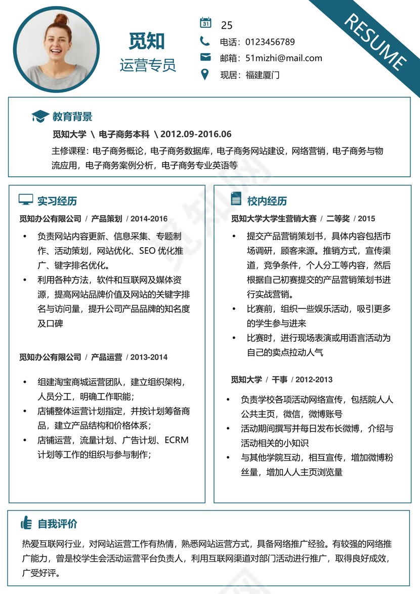 蓝色简洁风运营专员成套Word简历模板
