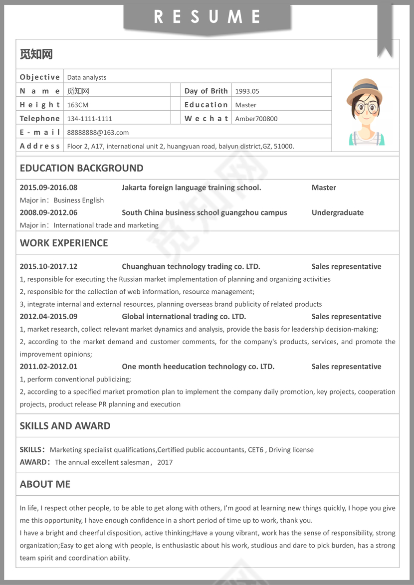 全英文外企求职英文简历word表格个人简历模板