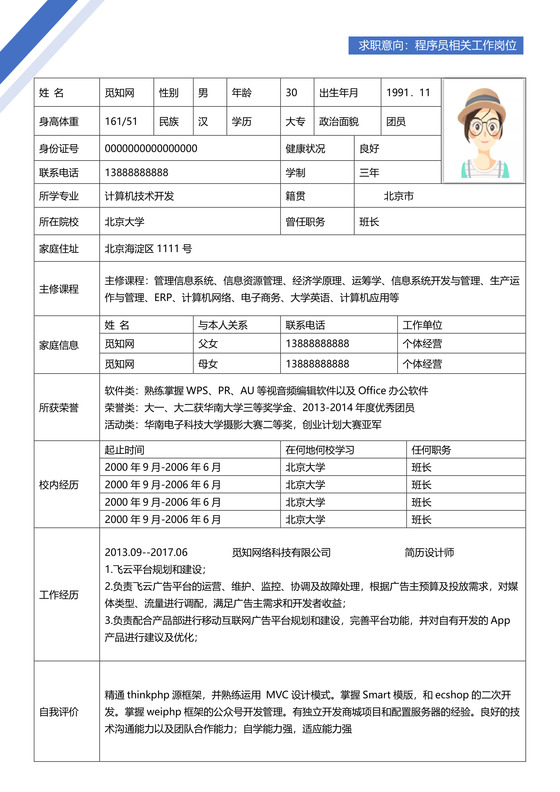 蓝色简洁大气程序员word格式简历表格模板