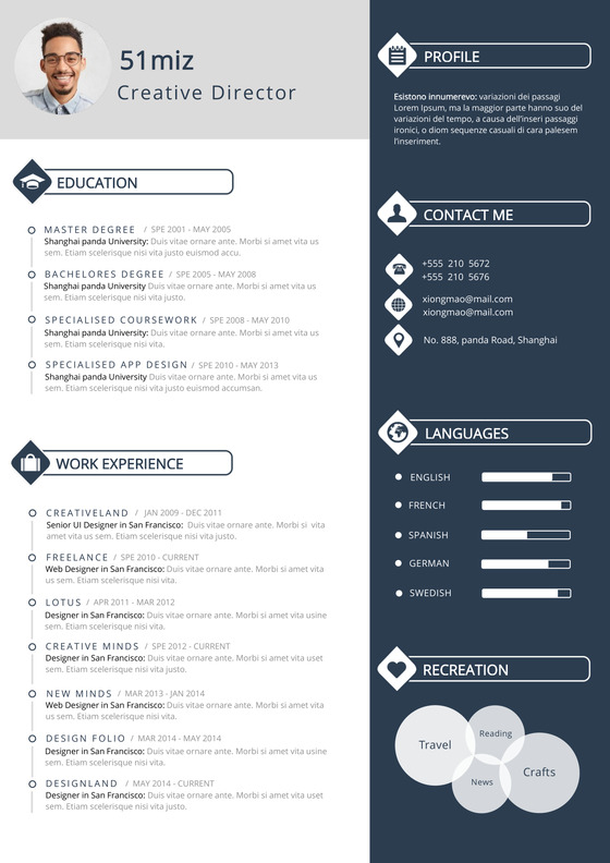 英文简约深蓝对比个人简历word模板