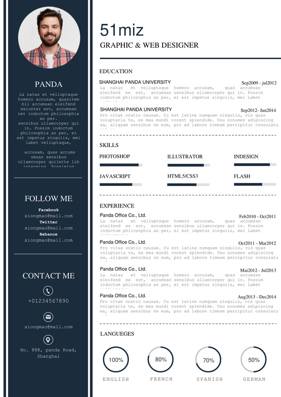 英文简约深蓝白色对比个人简历word模板