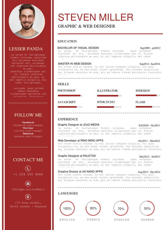 英文简约红色白色对比大气个人简历word模板