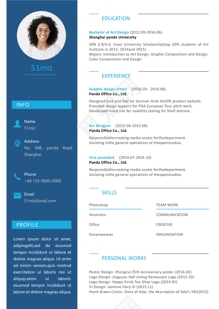 英文简约深蓝对比简历word模板