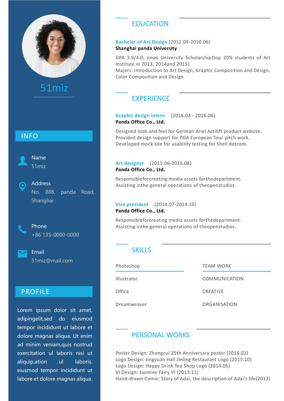 英文简约深蓝对比简历word模板