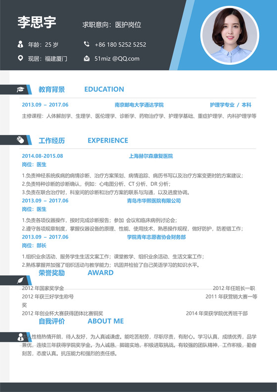 医护岗位个人简历Word 模板