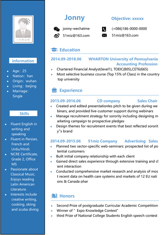 英文简历蓝白对比简约个
英文大方蓝白对比个人简历word模板