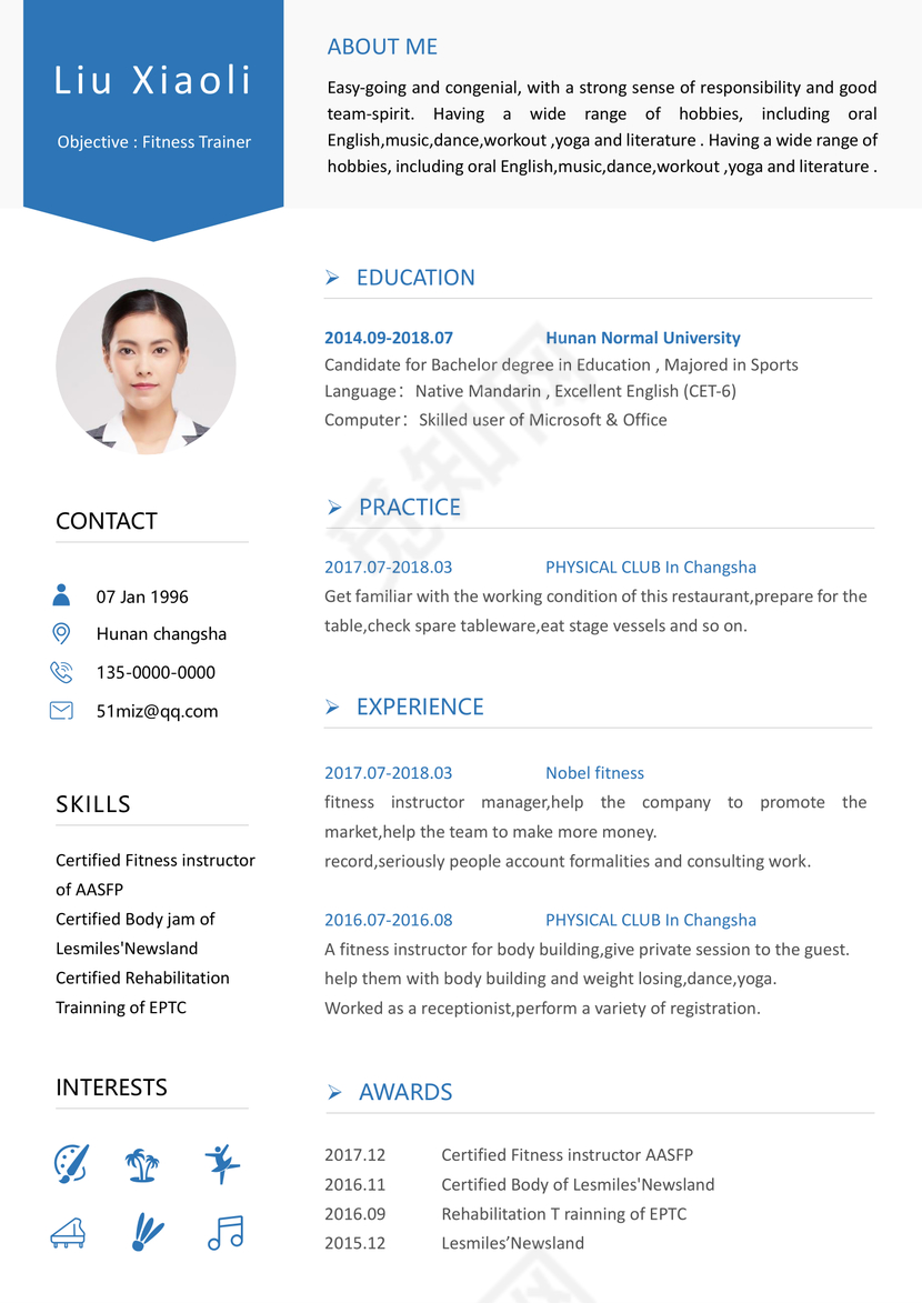 英文简历蓝白大气淡雅个人简历word模板