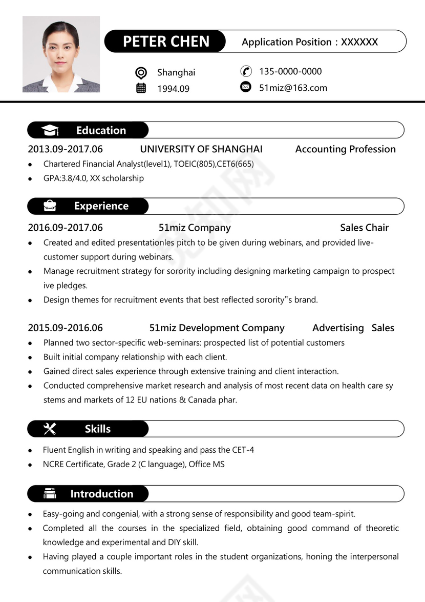 英文简历黑框白底大气个人简历word模板