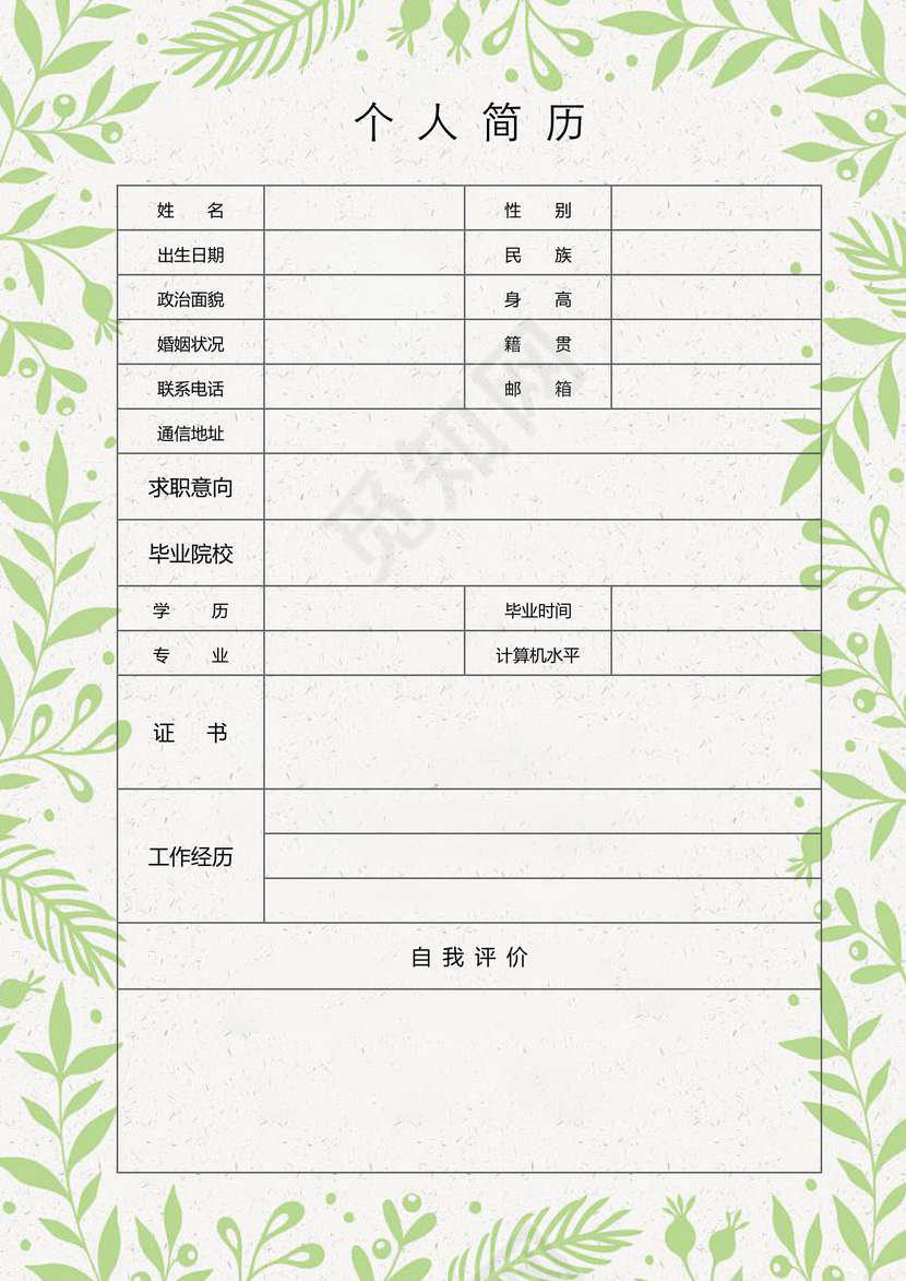 简历表格空白植物淡雅绿色边框个人简历word模板